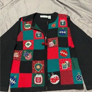 Victoria Jones Christmas cardigan with a festive, color-blocked design vintage